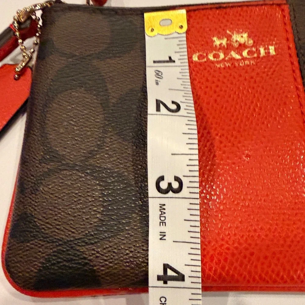 Coach Signature Brown and Orange Stripe Corner Zip Wristlet Small Bag